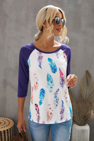 Purple Feather Print three quarter Sleeve Top