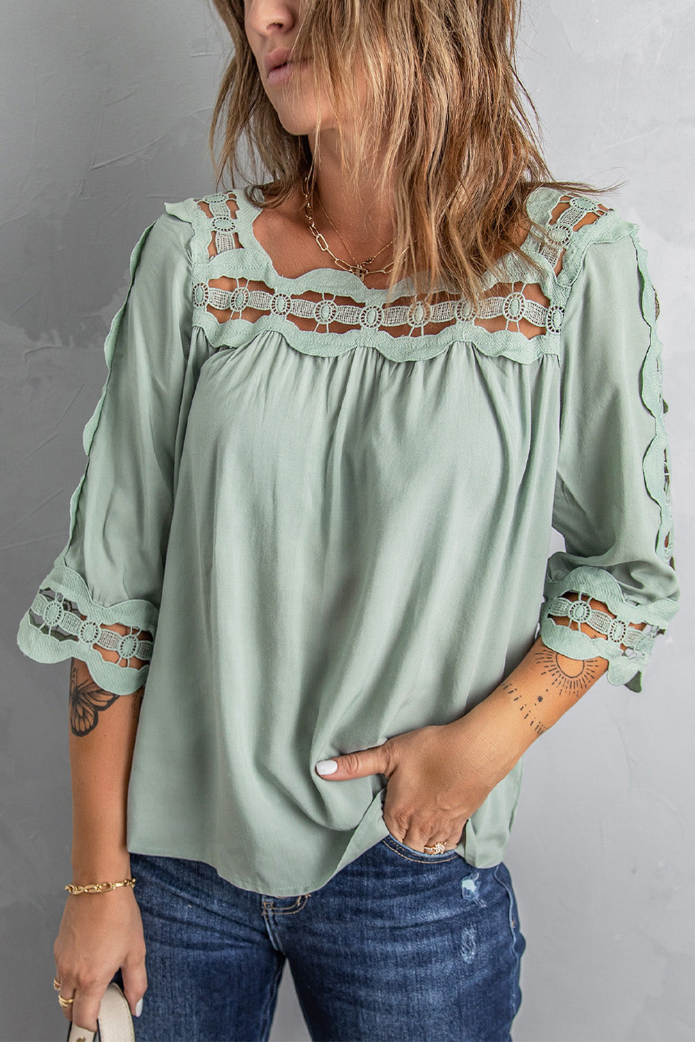 Green Crochet Trim Hollow-out Blouse