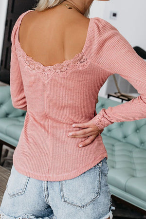 Pink Lace Patchwork Ribbed Long Sleeve Top
