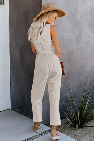 Beige V Neck Button Belted Jumpsuit with Pockets