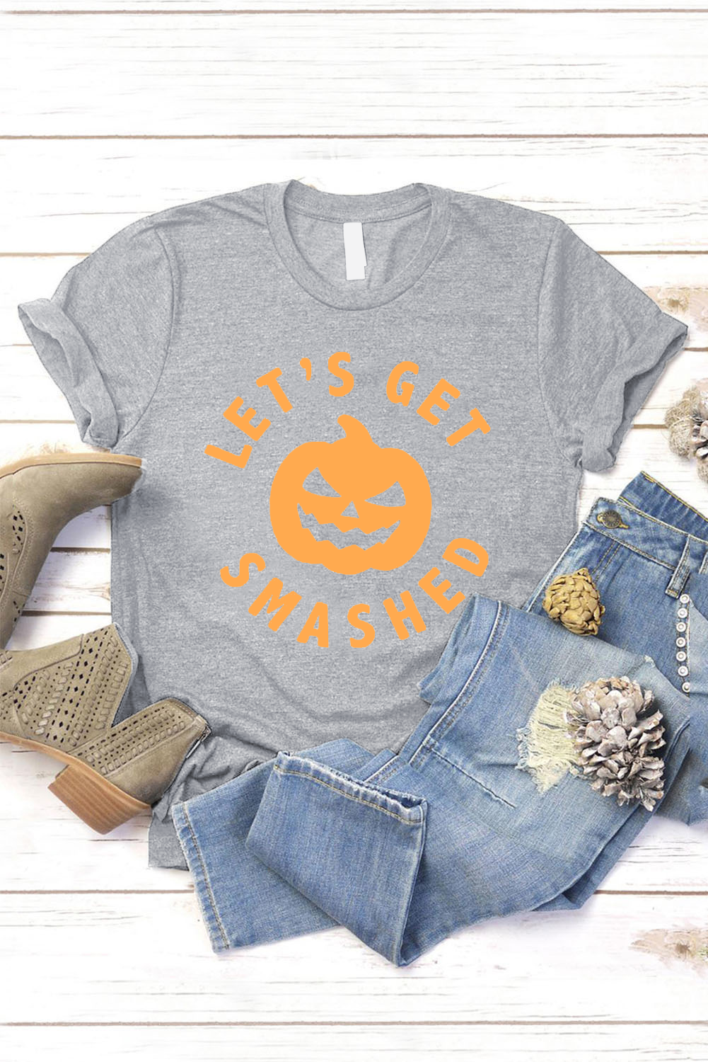 Gray LET'S GET SMASHED Pumpkin Face Graphic Tee
