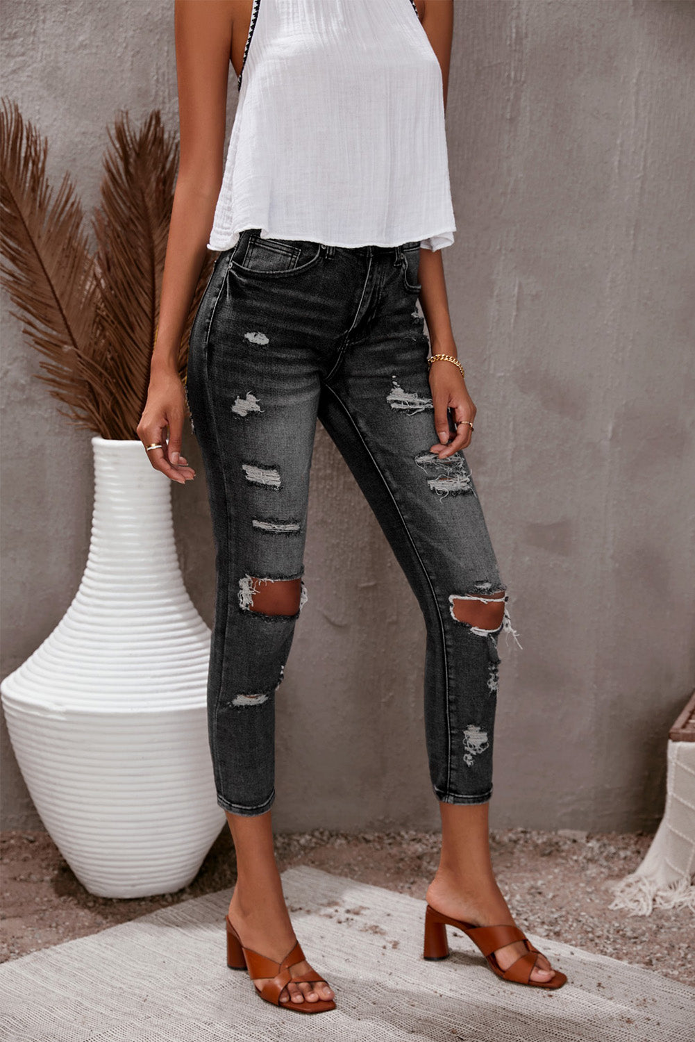 Black Washed Ripped Straight Legs Jeans