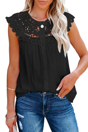 Black Lace Splicing Crew Neck Sleeveless Buttoned Shirt