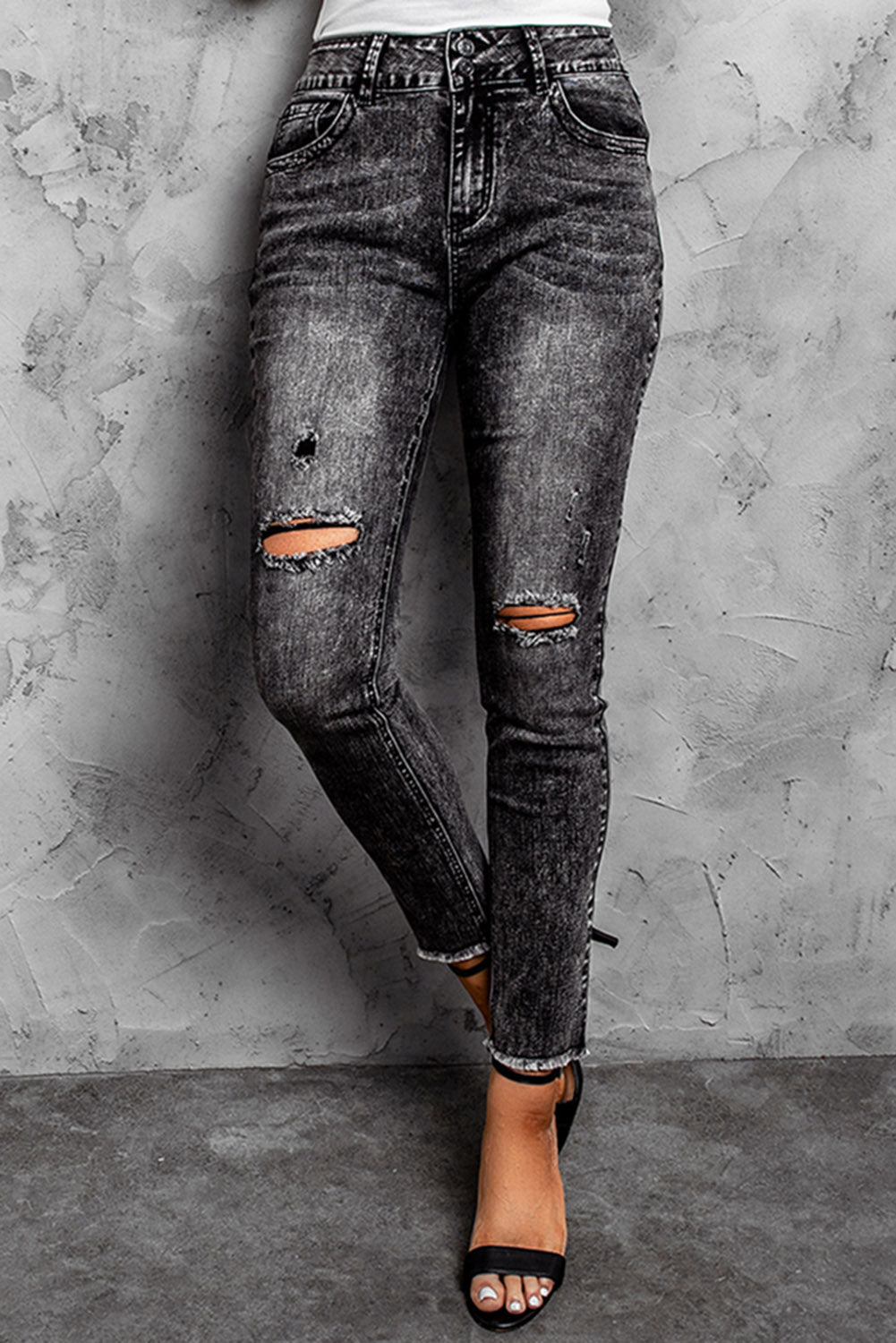 Black High Rise Acid Wash Crop Skinny Jeans
