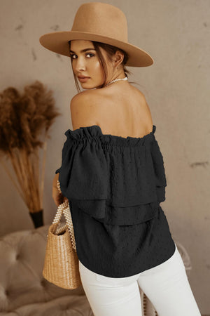 Black Swiss Dot Ruffled Off The Shoulder Blouse