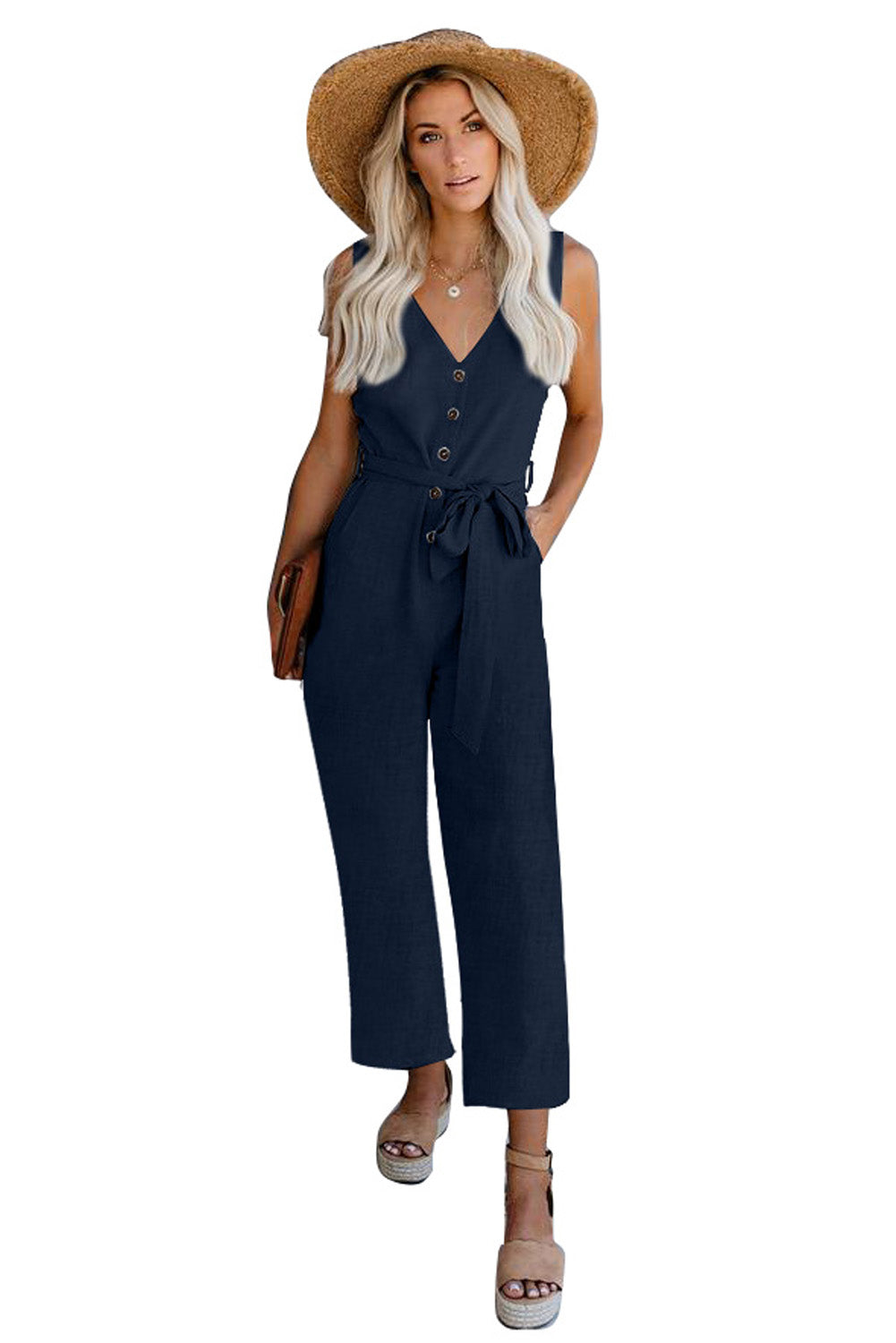 Blue V Neck Button Belted Jumpsuit with Pockets