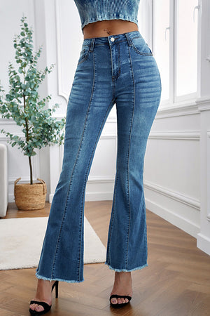 Blue Raw Hem Flared Jeans with Pockets