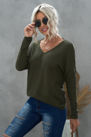 Green Twist Knot Waffle Knit Long Sleeve Top