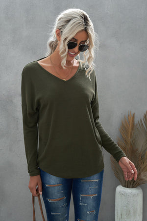 Green Twist Knot Waffle Knit Long Sleeve Top