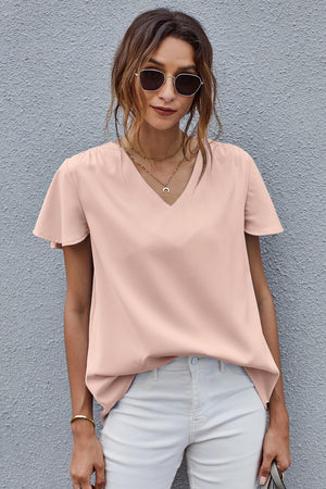 Pink V Neck Short Sleeve Tee