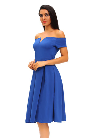 Solid Blue Thick Flare Midi Vintage Dress