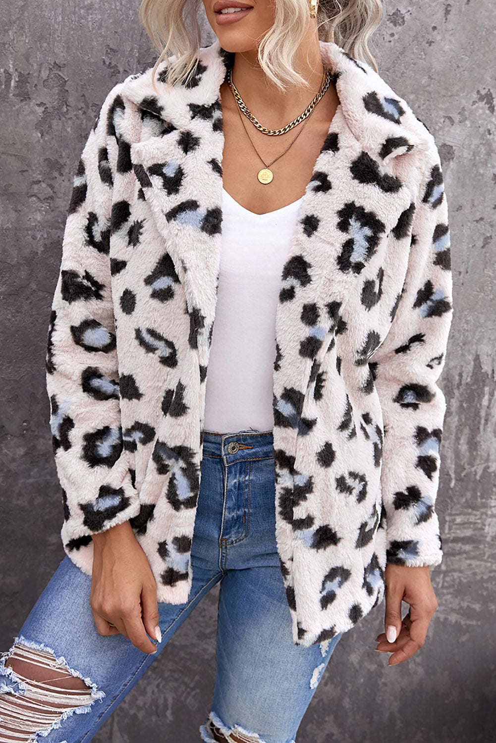 White Plush Fur Leopard Coat