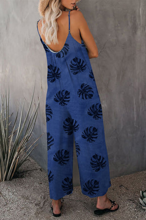 Blue Palm Leaves Print Spaghetti Strap Wide Leg jumpsuit