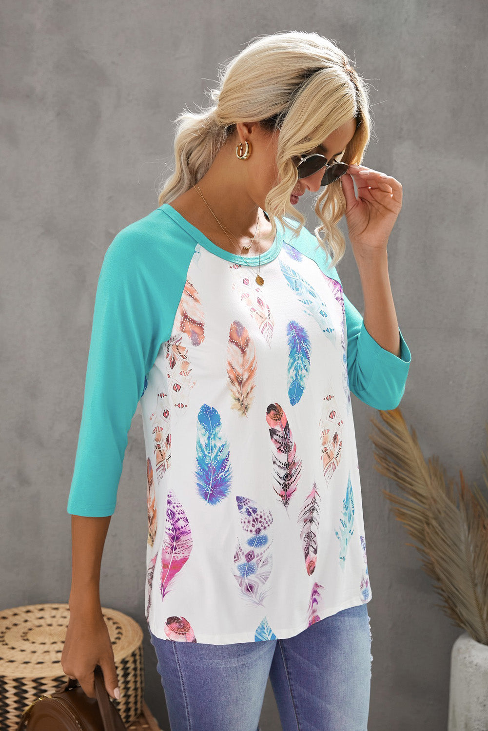 Green Feather Print 3/4 Raglan Sleeve Top