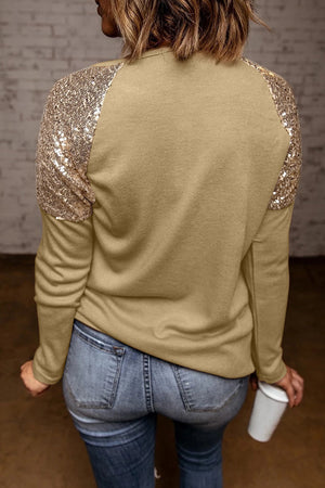 Apricot Leopard Christmas Tree Print Sequin Patchwork Pullover Shirt