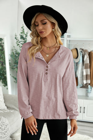 Pink Solid Color Buttoned Front Long Sleeve Top