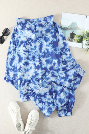 Blue Tie-Dye Drawstring Hoodie and Joggers Pants Loungewear Set