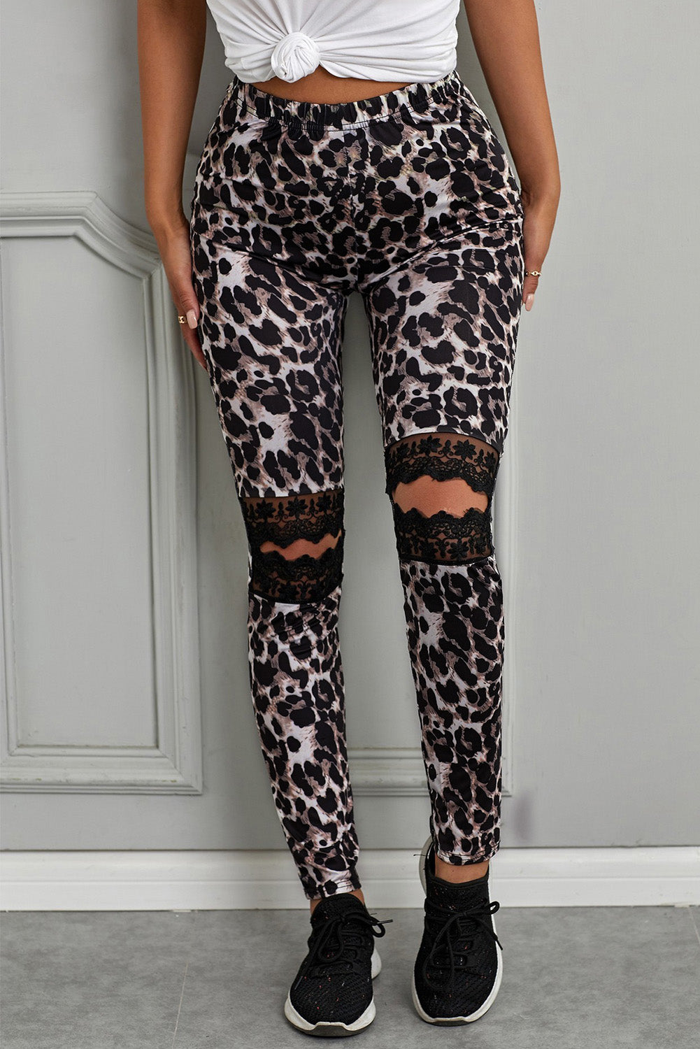 Floral Hollow Out Leopard Printed Skinny Leggings