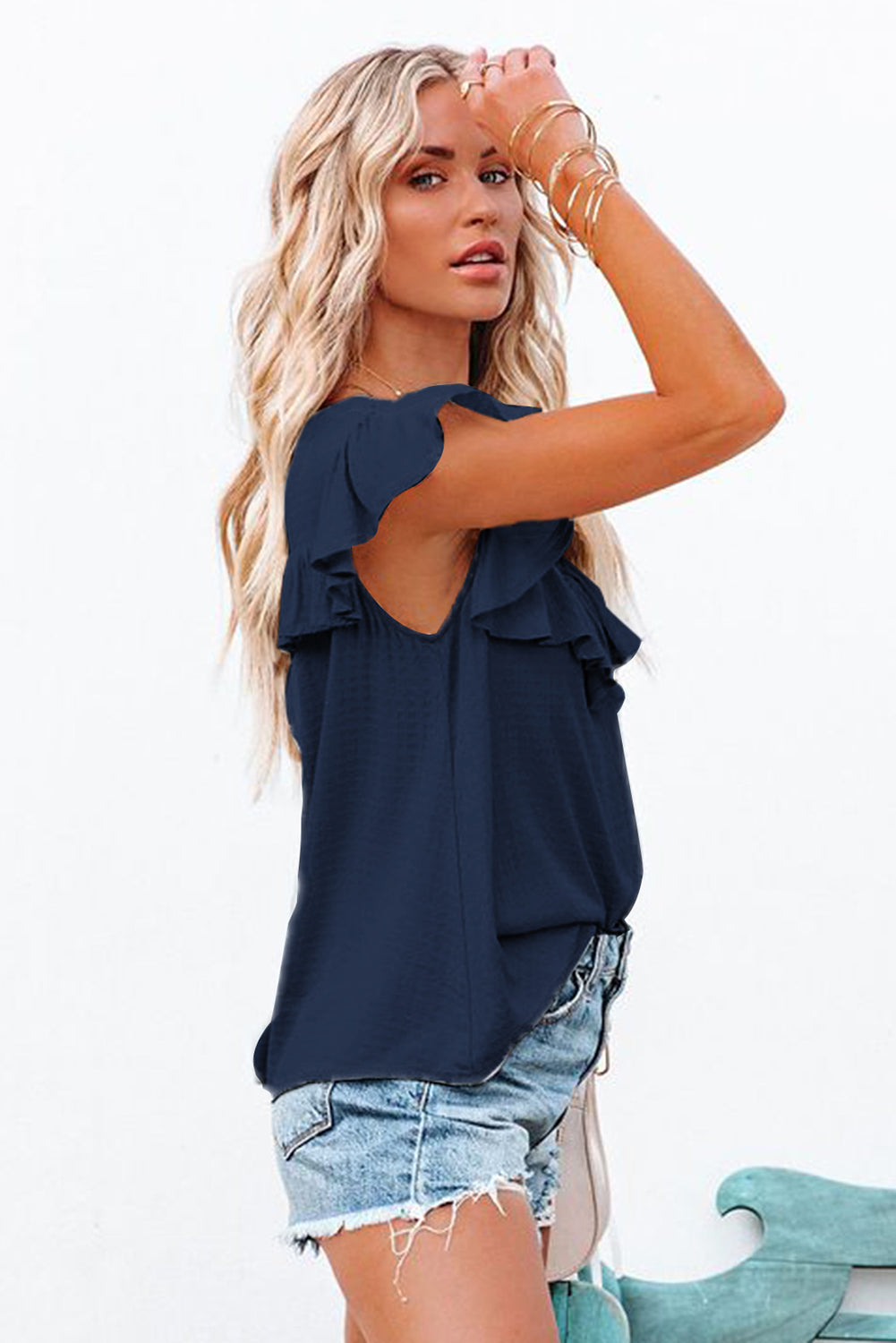 Navy Lace Splicing Ruffled Short Sleeve T-shirt
