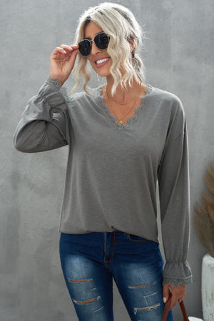 Gray Solid Color Lace V Neck Long Sleeve Top