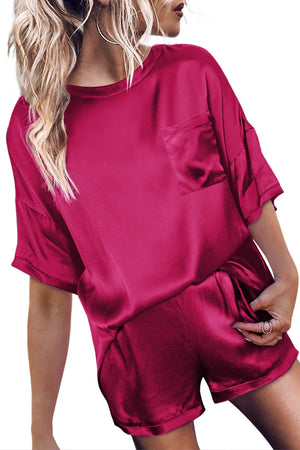 Red Satin Pocketed Tee and Shorts Lounge Set