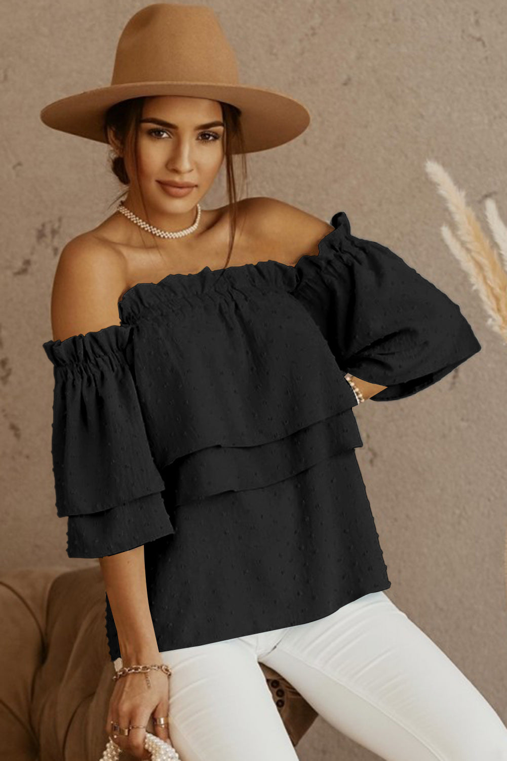 Black Swiss Dot Ruffled Off The Shoulder Blouse