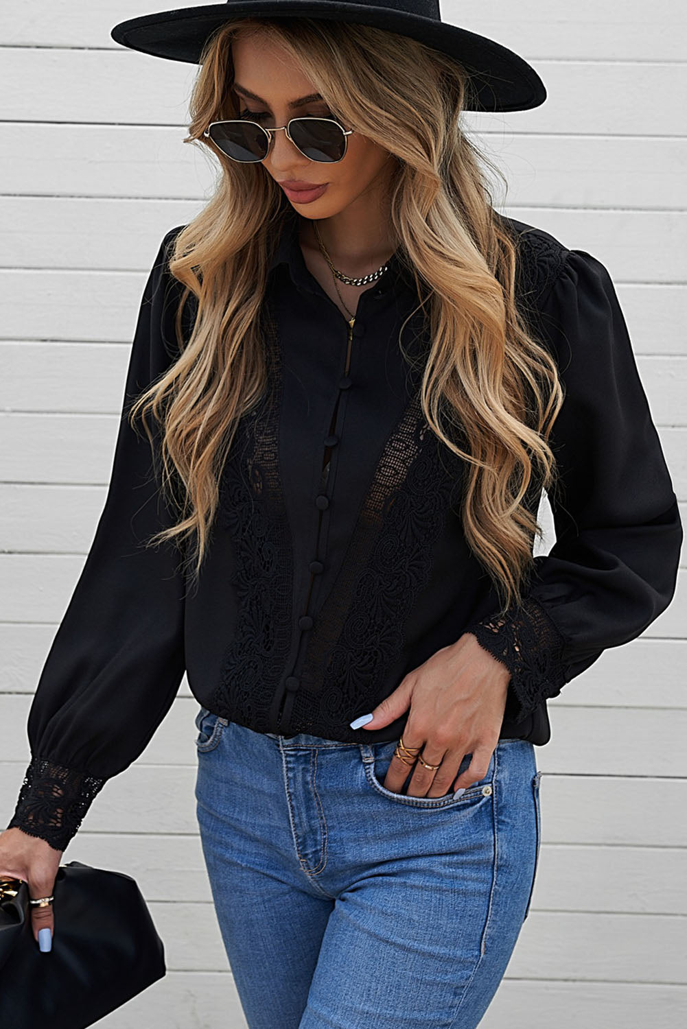Black Lace Splicing Buttoned Shirt