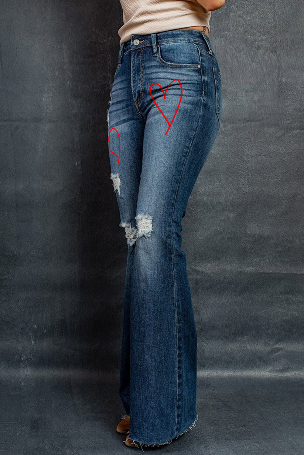 Heart Print Ripped Bell Jeans