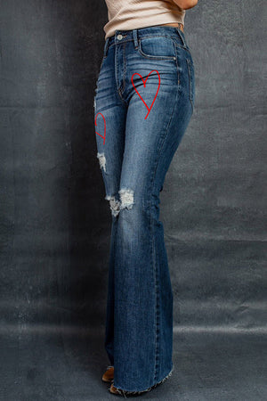 Heart Print Ripped Bell Jeans