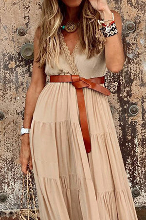 Khaki Lace Splicing Sleeveless Suspender Maxi Dress
