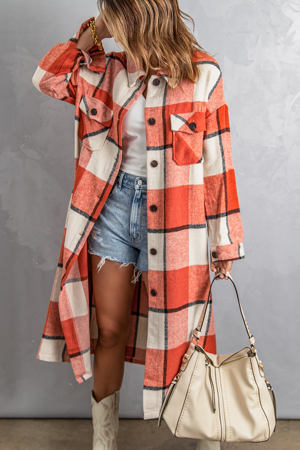 Orange Pocketed Grid Pattern Overcoat