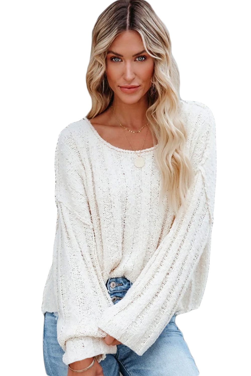 White Drop Shoulder Loose Knitted Sweater