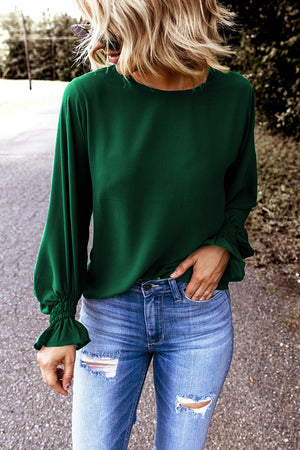 Green Crew Neck Ruffle Bubble Sleeve Top