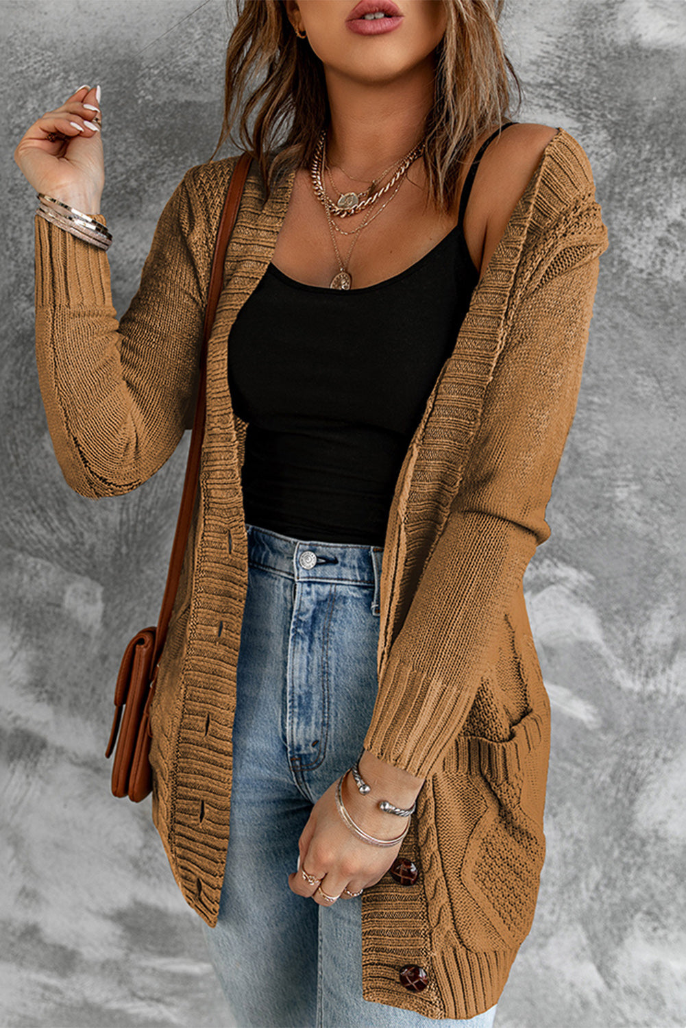 Khaki Front Pocket and Buttons Closure Cardigan