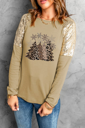 Apricot Leopard Christmas Tree Print Sequin Patchwork Pullover Shirt