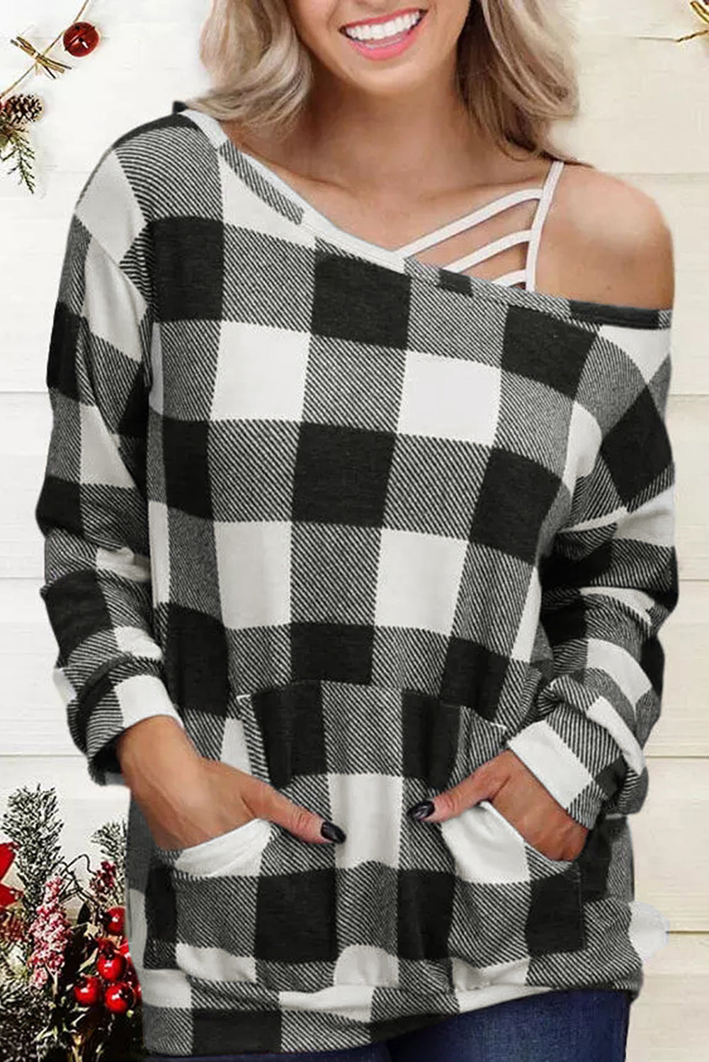 Plaid Kangaroo Pocket Long Sleeve Blouse