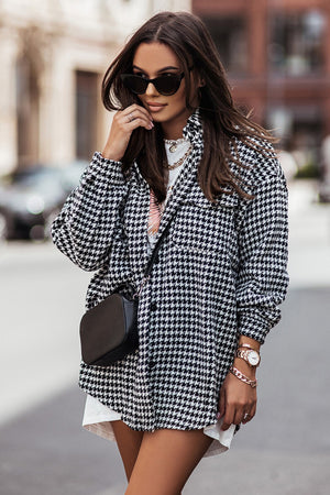 Black Buttoned Turn Down Collar Plaid Print Jacket
