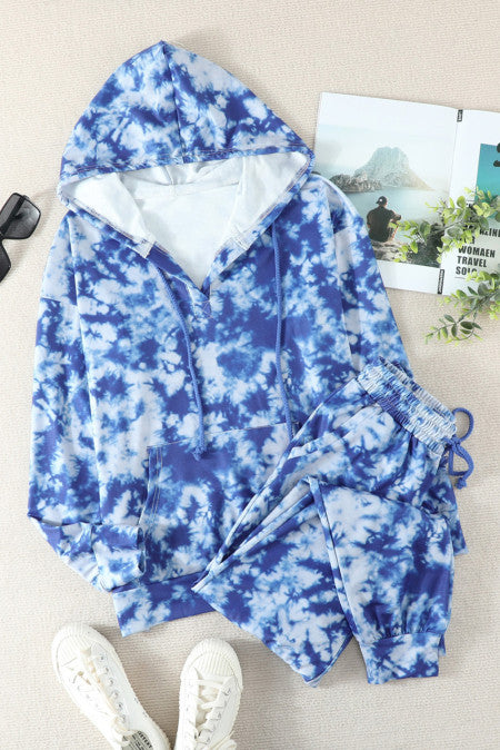 Blue Tie-Dye Drawstring Hoodie and Joggers Pants Loungewear Set