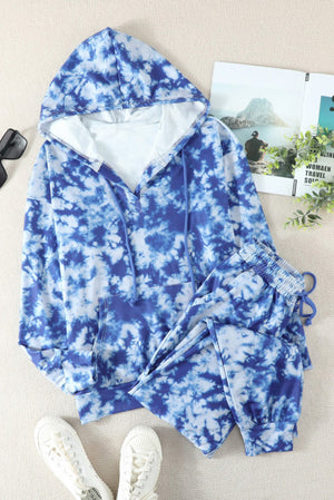 Blue Tie-Dye Drawstring Hoodie and Joggers Pants Loungewear Set