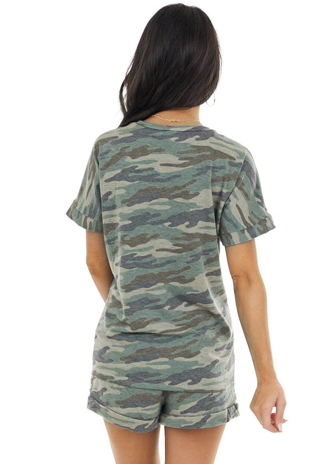 Jungle Green Camo Sequin Short Sleeve and Shorts Lounge Set