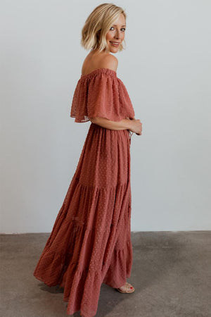 Rust Red Off Shoulder Ruffle Swiss Dot Maxi Dress