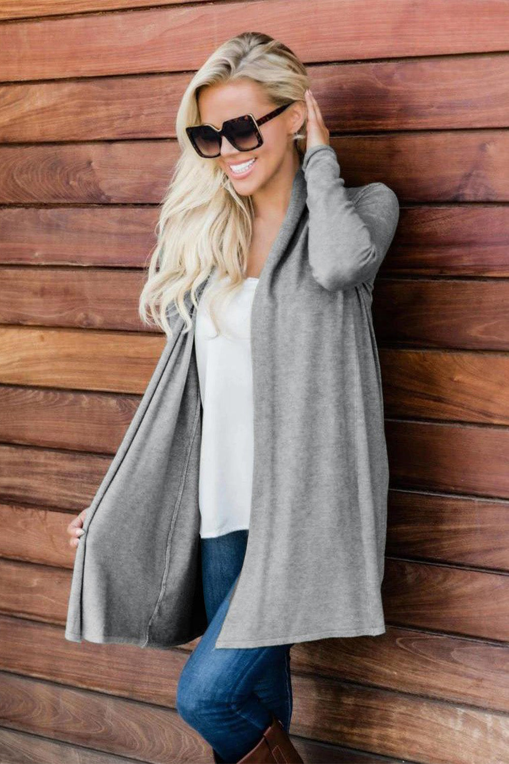 Grey Shawl Neckline Open Front Cardigan