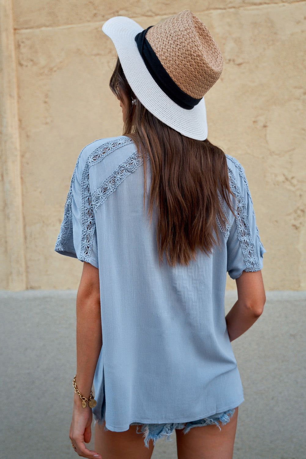 Sky Blue Crochet Eyelet Short Sleeves Top