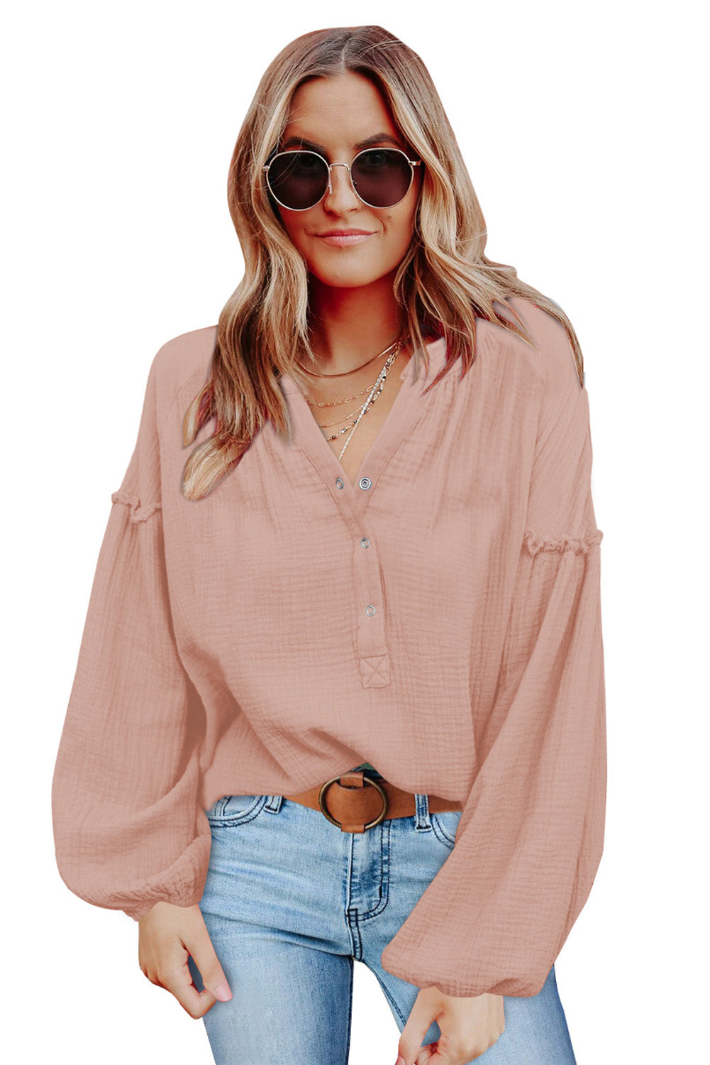 Pink Casual Balloon Sleeve Crinkled Top