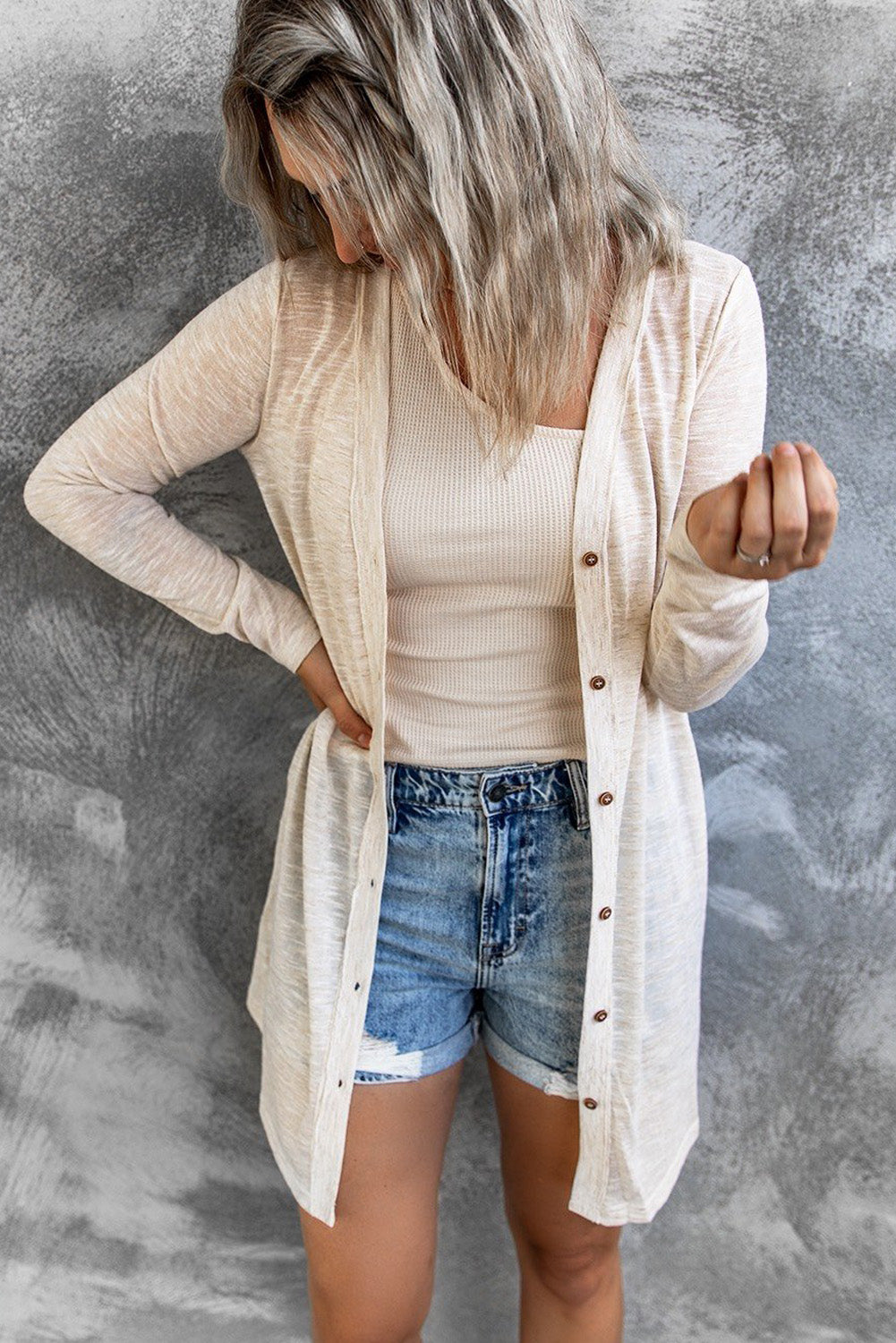 Beige Solid Color Open-Front Buttons Cardigan