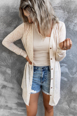 Beige Solid Color Open-Front Buttons Cardigan