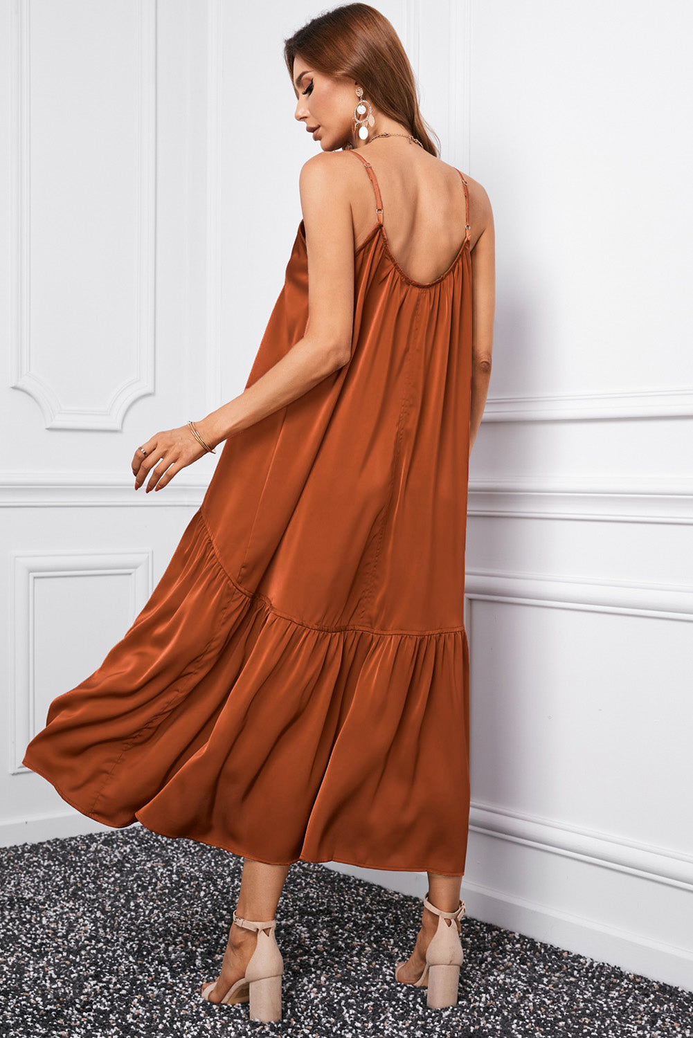 Brown Spaghetti Strap Ruffled Satin Maxi Dress