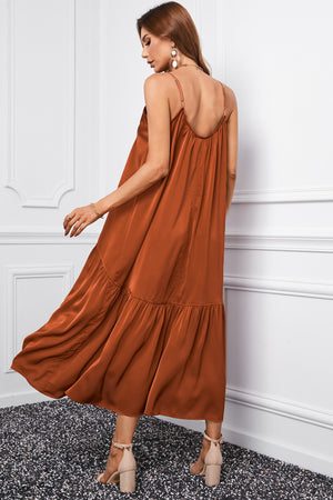 Brown Spaghetti Strap Ruffled Satin Maxi Dress