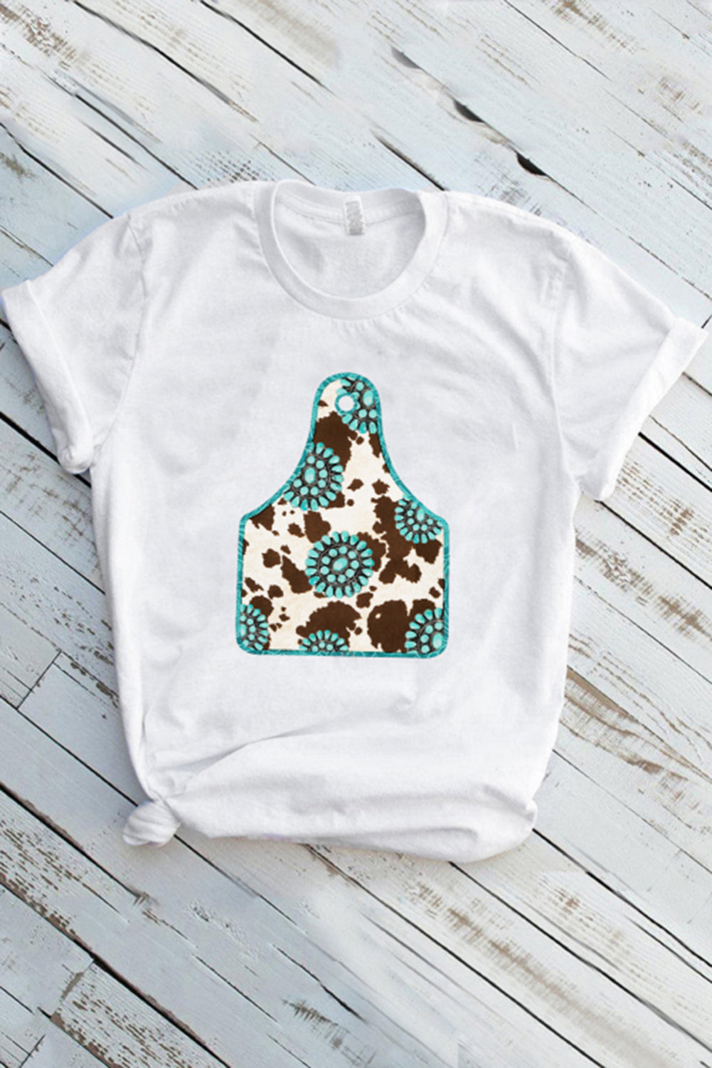 Solid White Turquoise Cow Ox Horn Tag Graphic Tee