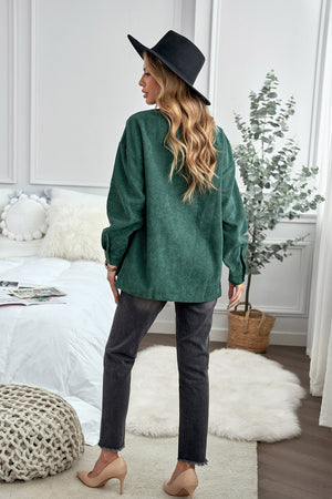 Green Corduroy Long Sleeve Button-up Shirt Coat